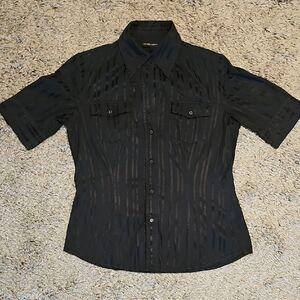 New York & Company Black Sheen Striped Button Down SS Shirt, Med